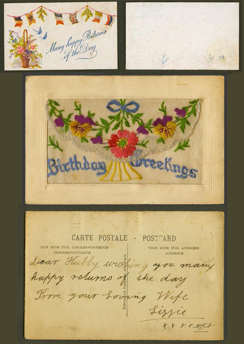 WW1 SILK Embroidered Old Postcard Birthday Greetings Flowers Happy Return Wallet