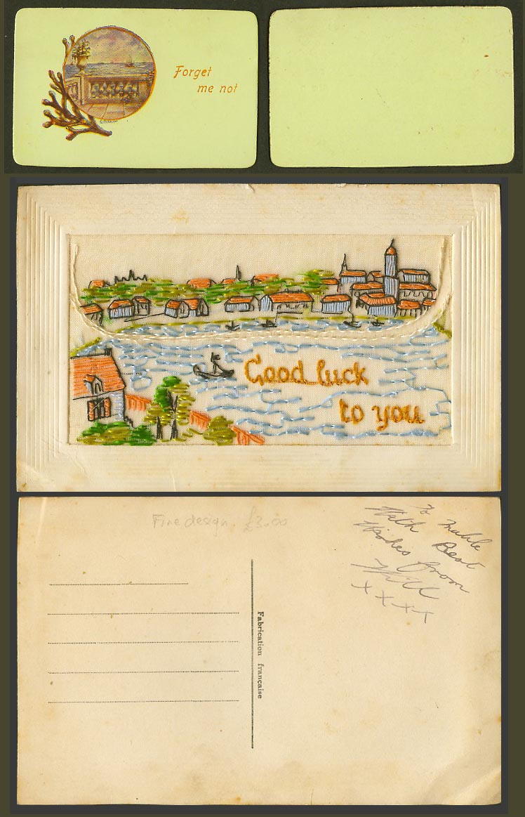 WW1 SILK Embroidered Old Postcard Good Luck to You, Houses, Forget Me Not Wallet