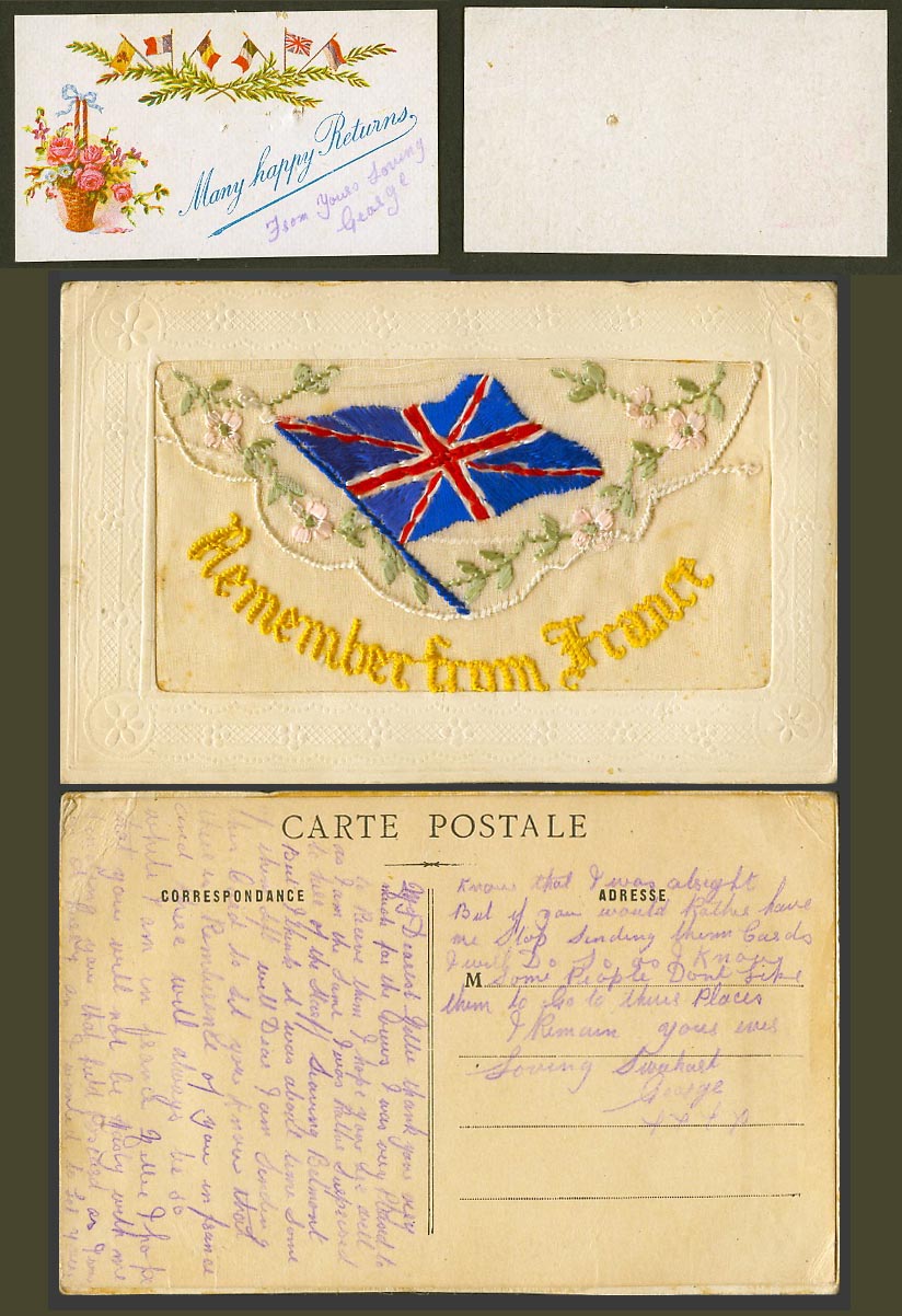 WW1 SILK Embroidered Old Postcard Remember from France British Flag Flags Wallet