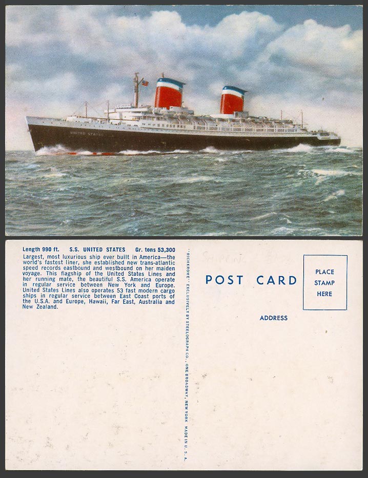 S.S. United States Lines, Steamer Steam Ship, World's Fastest Liner Old Postcard