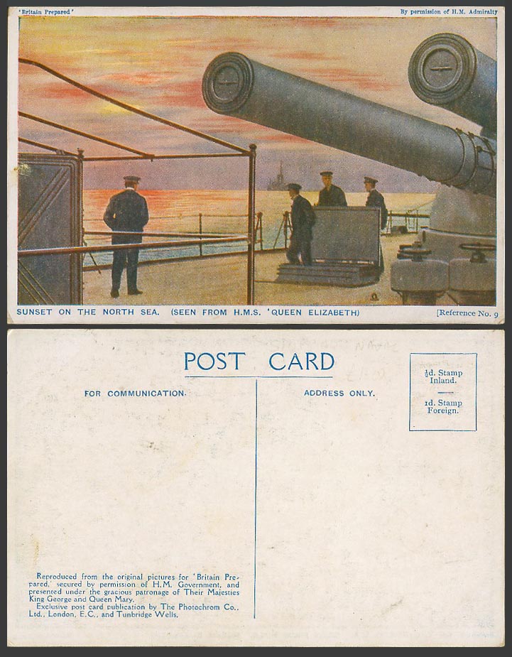 WW1 Britain Prepared Old Postcard Sunset on North Sea - HMS Queen Elizabeth SHIP