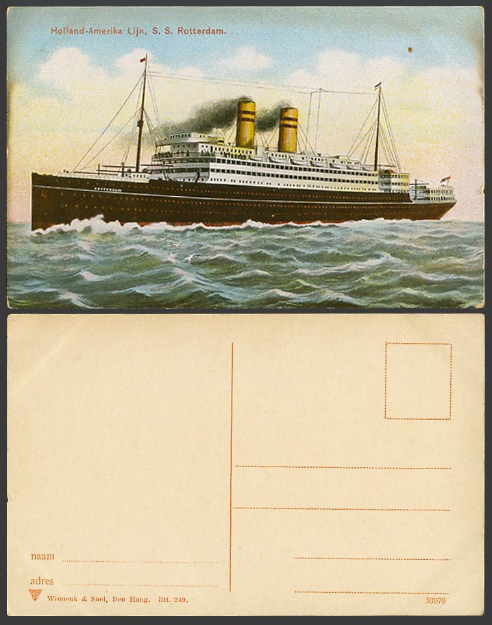Holland-Amerika Lijn S.S. Rotterdam Steamer Steam Ship Dutch Old Colour Postcard