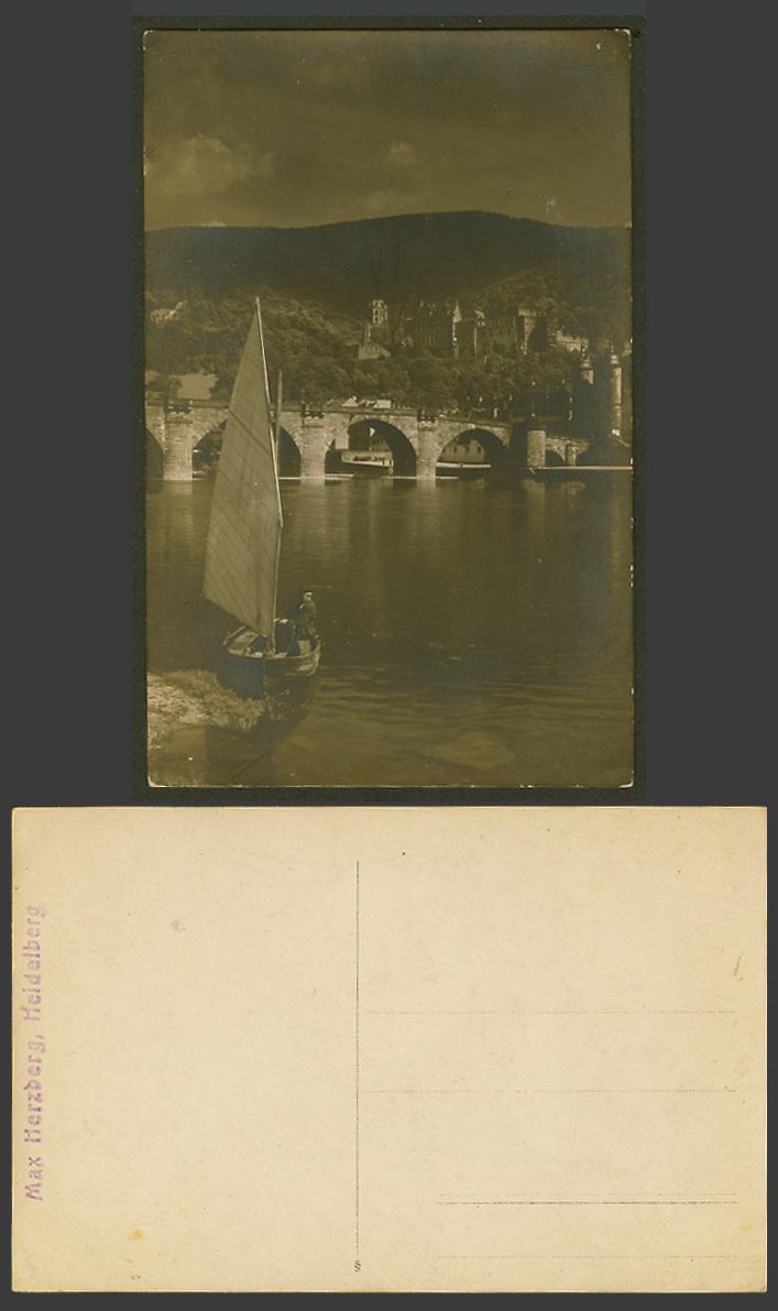 Germany Old RP Postcard Bridge River Neckar Sailing Boat Heidelberg Max Herzberg