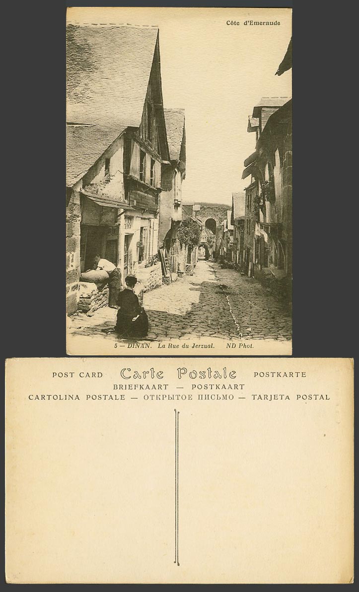 France French Old Postcard Dinan, La Rue du Jerzual Street Scene Gate Lady Woman