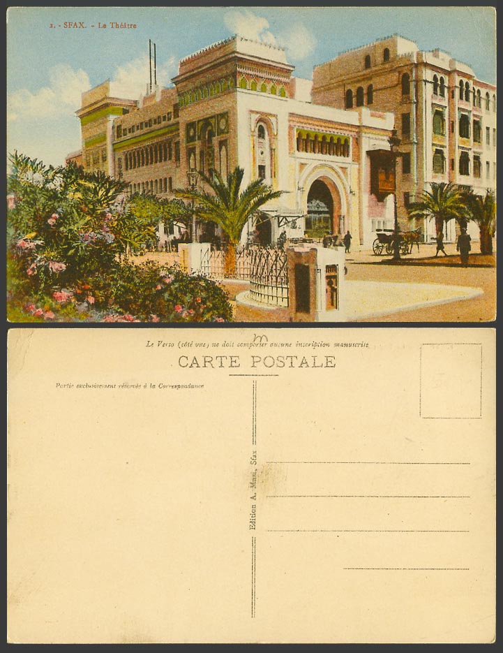 Tunisia Old Colour Postcard SFAX La Theatre Street Scene Entrance Gate Cart No.2