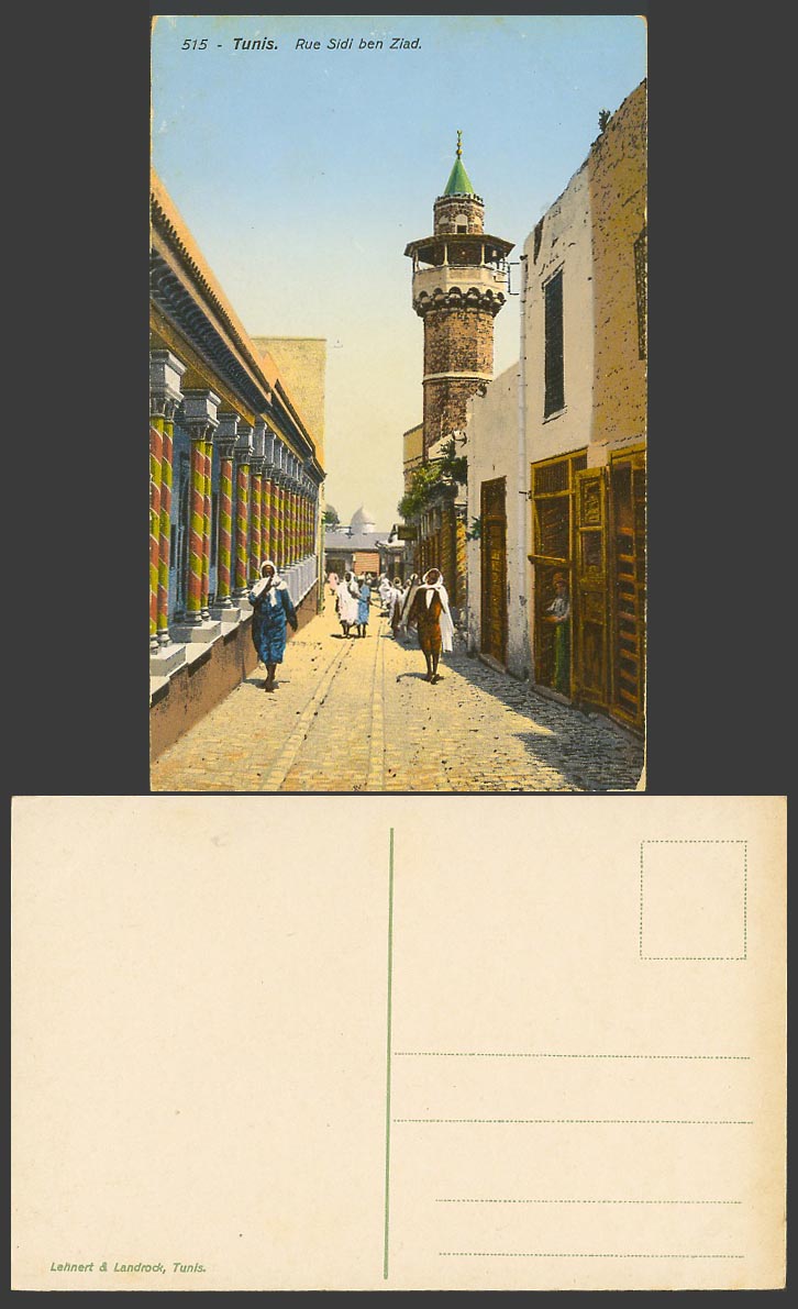 Tunisia Old Colour Postcard Tunis, Rue Sidi ben Ziad, Street Scene, Mosque Tower
