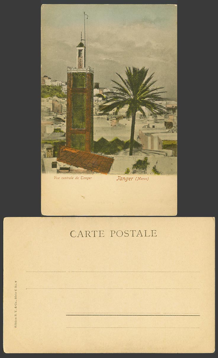 Morocco Old Hand Tinted UB Postcard Vue Centrale de Tanger Maroc Tower Palm Tree