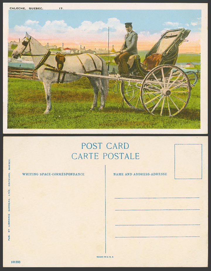 Canada Old Postcard CALECHE QUEBEC White Horse Drawn Cart Carriage and Driver 17