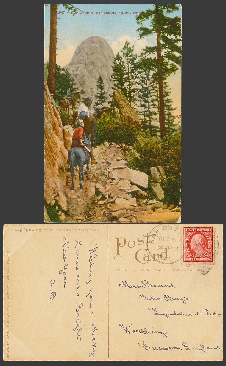 USA Old Postcard California Castle Rock Shasta Route Horse Riders Mountain Rocks