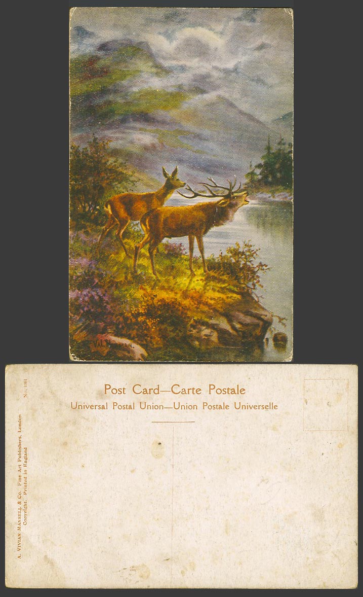 Val Norman Artist Signed, Deer Doe Stag Elk Animals, Lake River Old ART Postcard