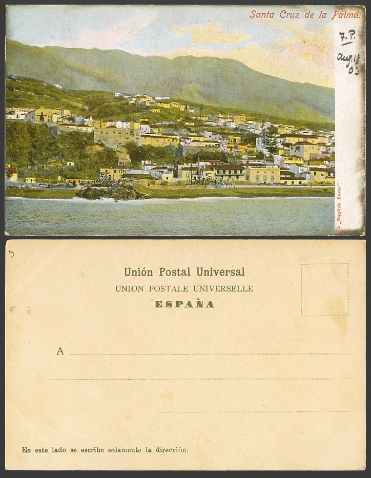 Spain 1903 Old Colour UB Postcard Santa Cruz de La Palma Tenerife Panorama Hills