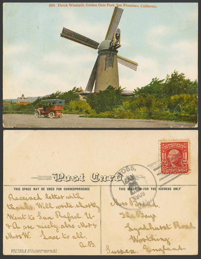 USA 1909 Old Postcard California, Dutch Windmill, Golden Gate Park San Francisco