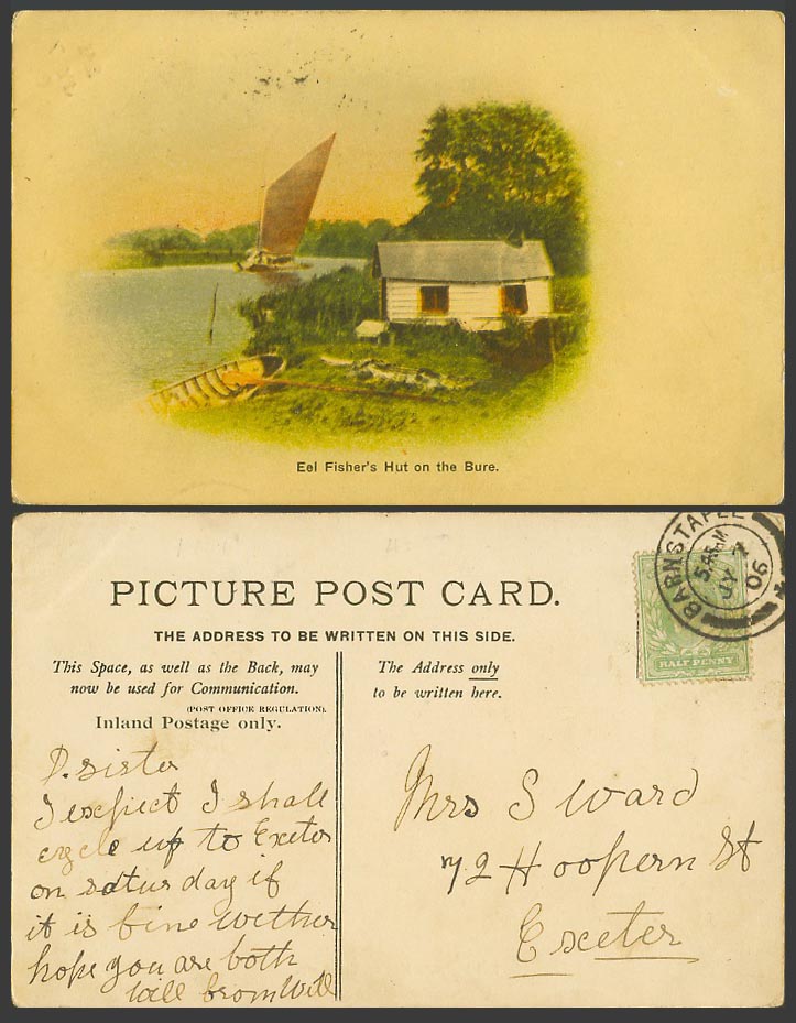Norfolk Eel Fisher's Hut on The Bure River Sailing Boat 1906 Old Colour Postcard