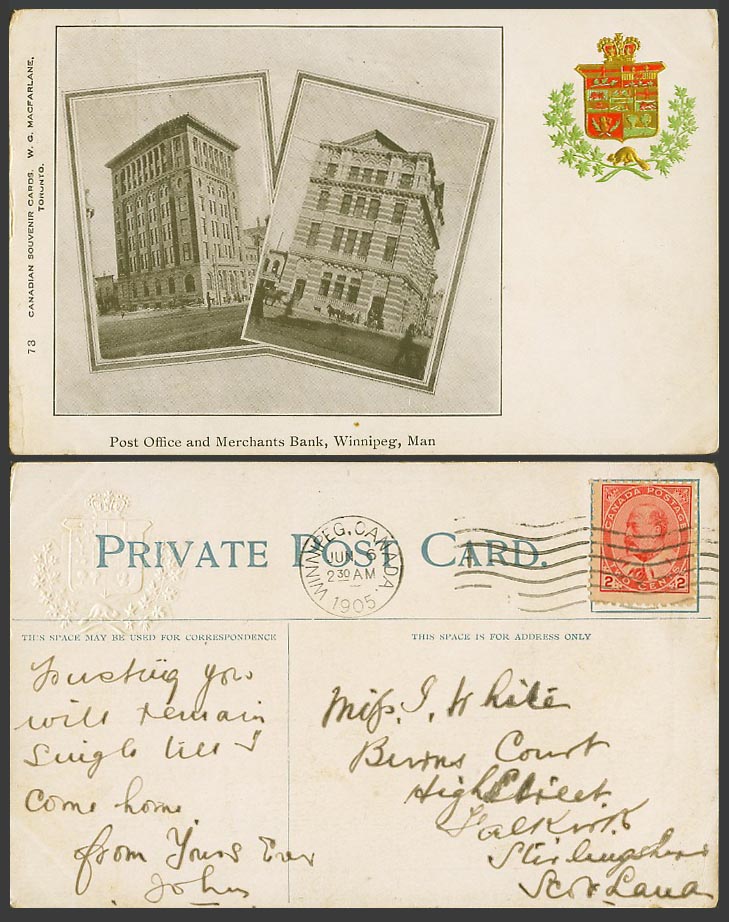Canada 2c 1905 Old Postcard Post Office Merchants Bank Winnipeg Man Coat of Arms