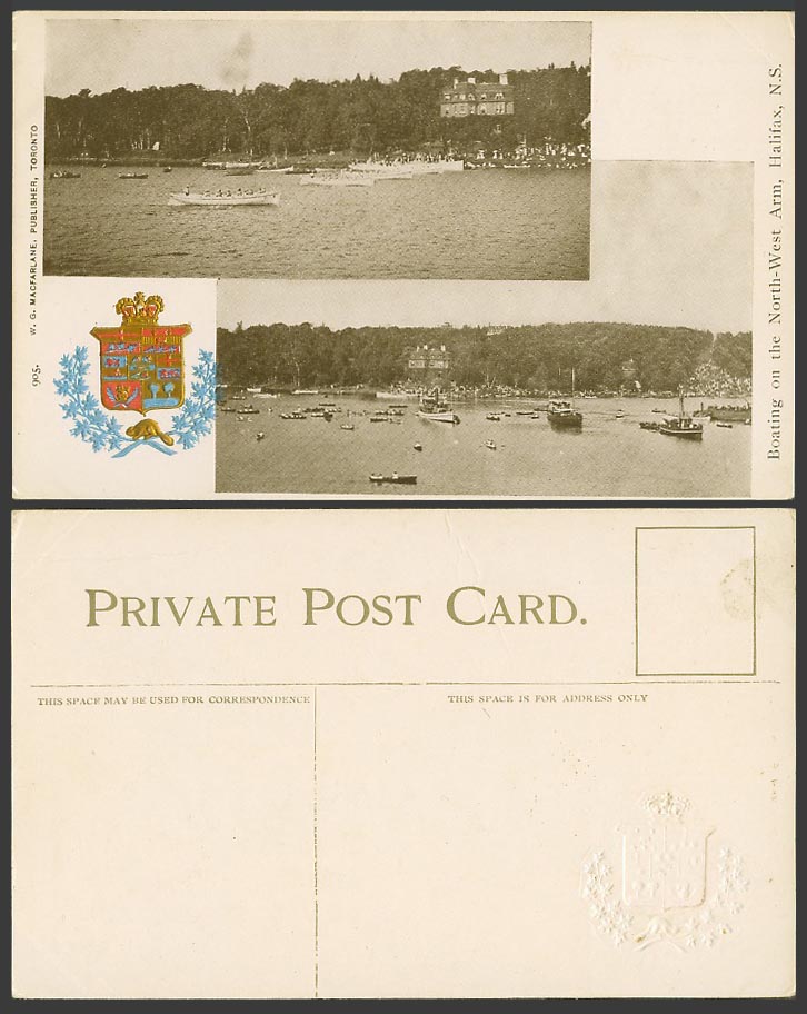 Canada Old UB Postcard Boating on North-West Arm, Halifax, Embossed Coat of Arms