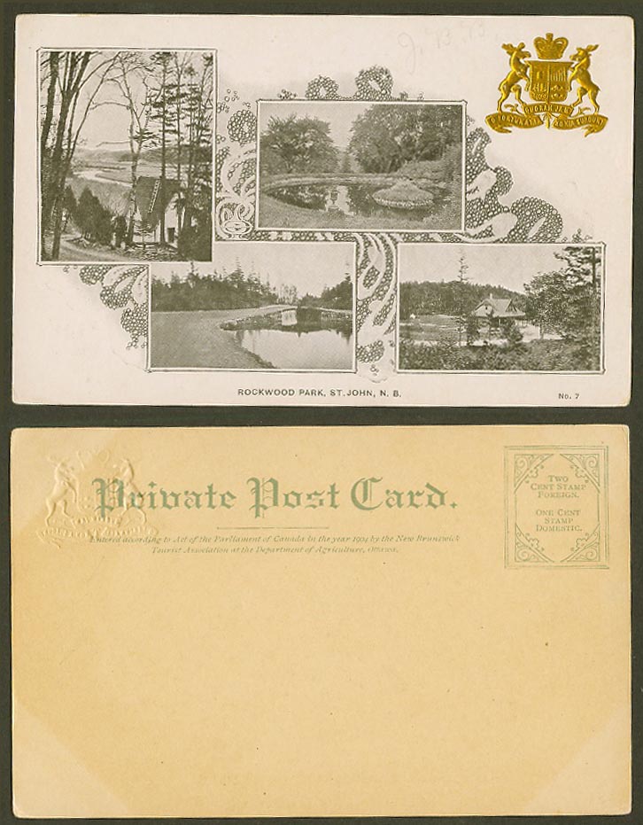 Canada Old UB Postcard Rockwood Park, St. John, N.B. Lake, Embossed Coat of Arms