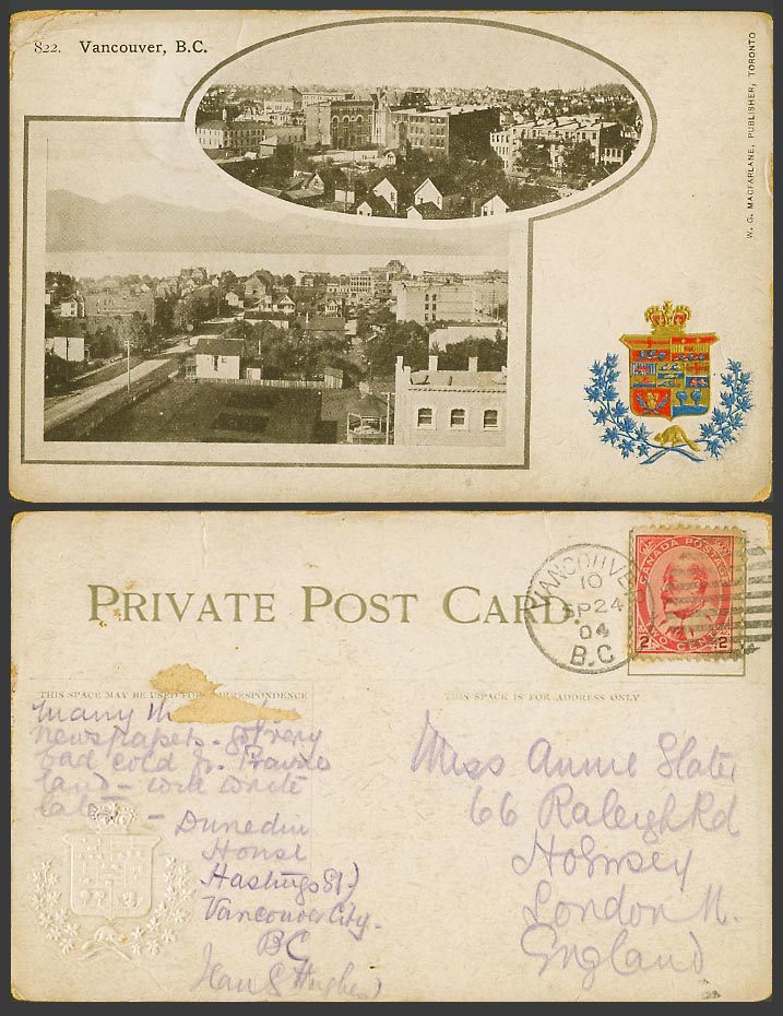 Canada KE7 2c 1904 Old Postcard Vancouver B.C Street Scene Embossed Coat of Arms