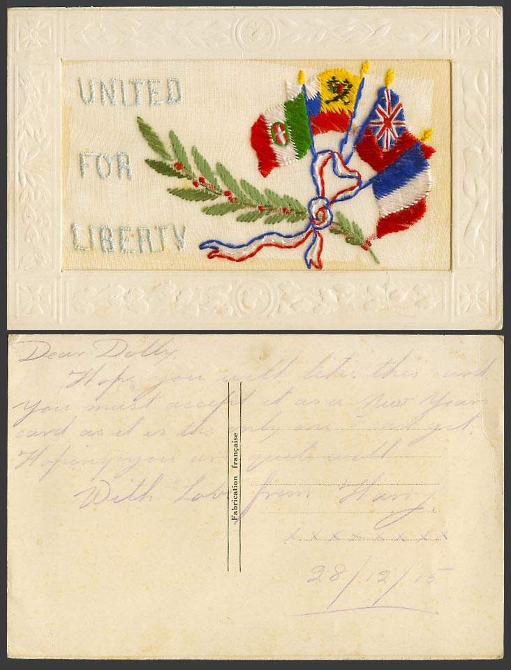 WW1 SILK Embroidered 1915 Old Postcard United For Liberty - Flag Flags - Novelty