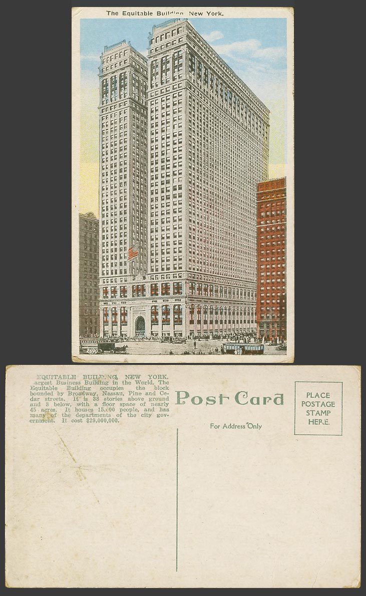 USA Old Color Postcard The Equitable Building New York Street Scene TRAM Tramway