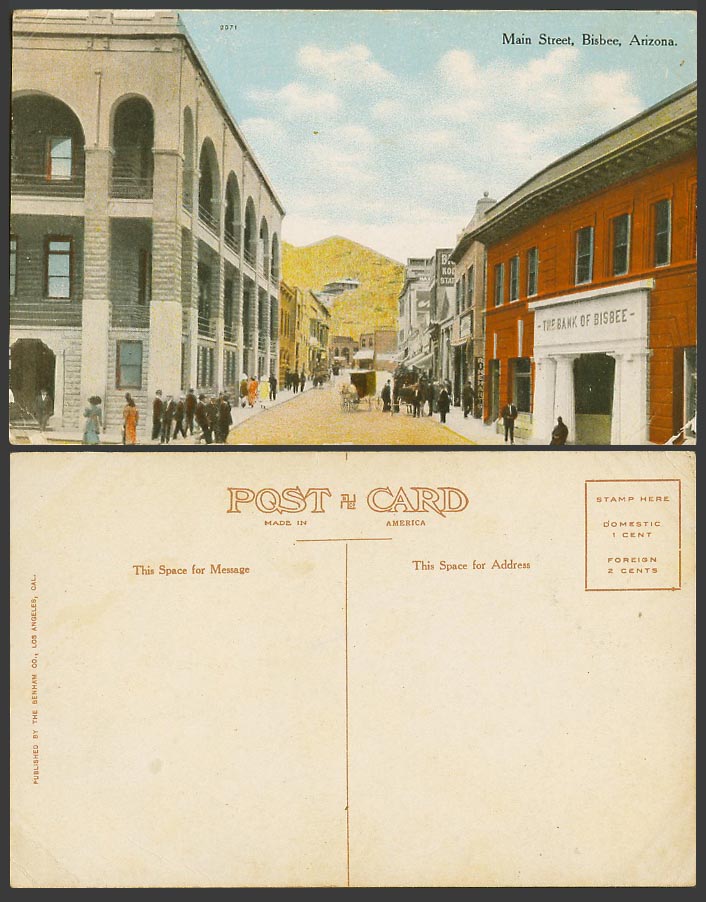 USA Arizona Old Postcard The Bank of Bisbee Main Street Scene, Horse Cart, Hills