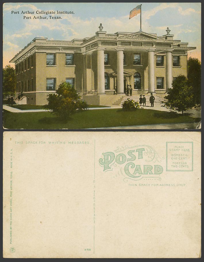 USA Texas Old Colour Postcard Port Arthur Collegiate Institute, U.S. Flag, Steps