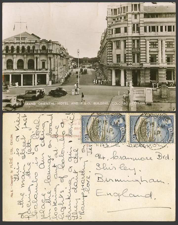 Ceylon 6c 1952 Old Real Photo Postcard Grand Oriental Hotel P&O Building Colombo