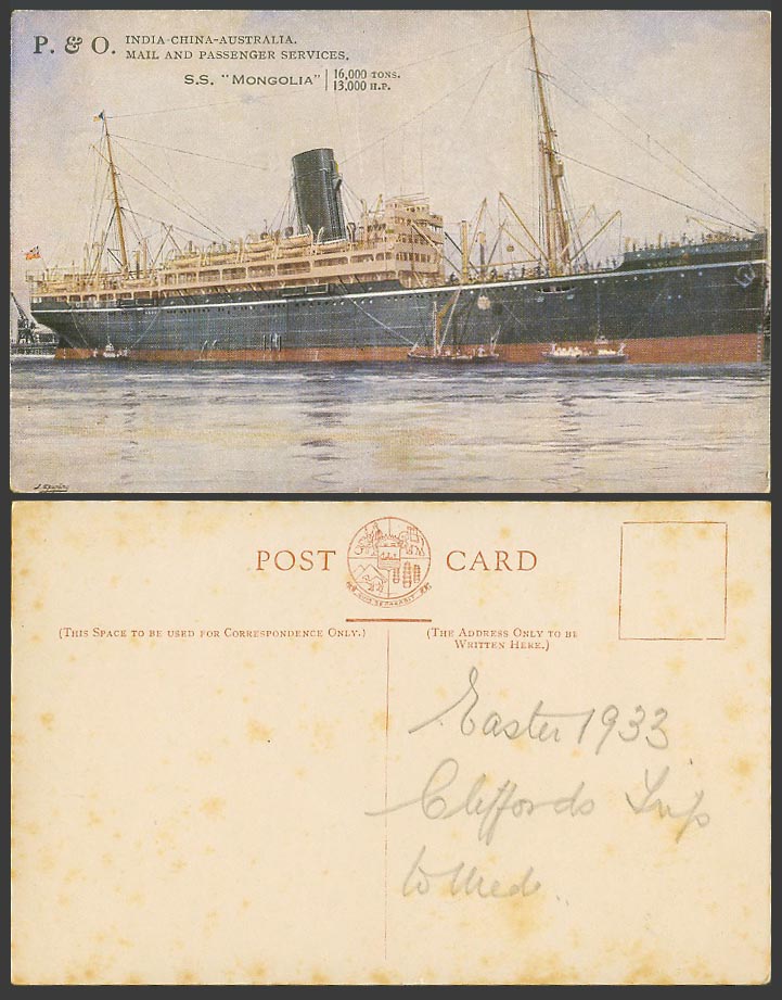 S.S. Mongolia Steam Ship Steamer P. & O. India China Australia 1933 Old Postcard