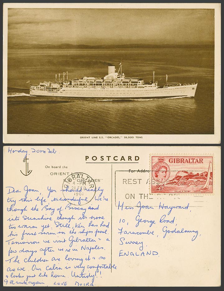 Orient Line S.S. ORCADES Steamer Steam Ship, Gibraltar 2 1/2d 1961 Old Postcard