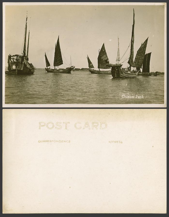 China Old Real Photo Postcard Chinese Junk Native Sailing Boats Ships in Harbour