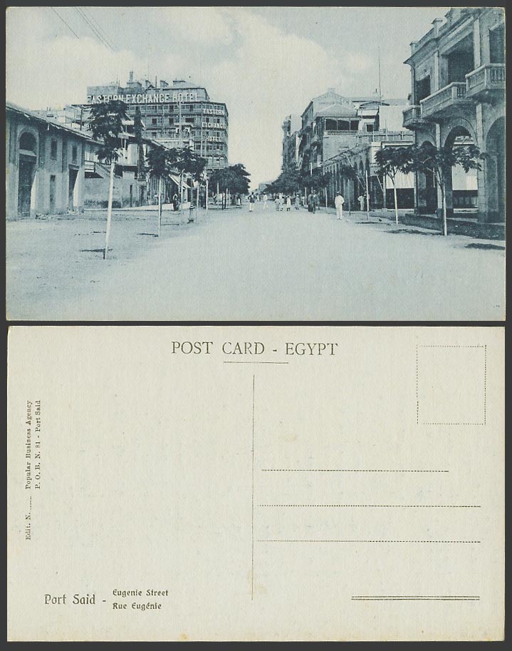Egypt Old Postcard Port Said, Rue Eugenie Street Scene, Eastern Exchange Hotel