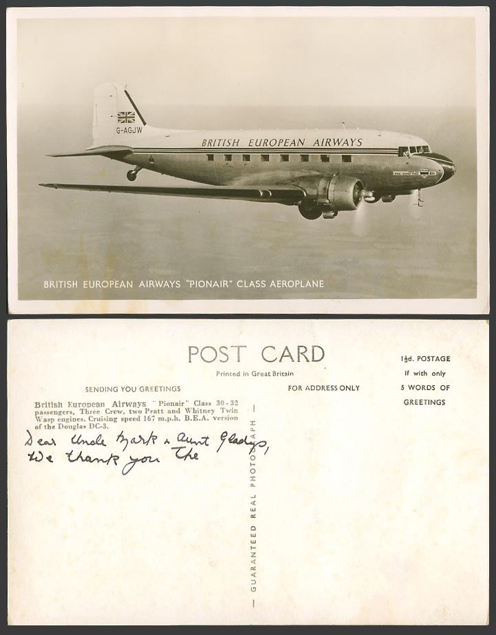 British European Airways, Pionair Class Aeroplane G-AGJW Old Real Photo Postcard
