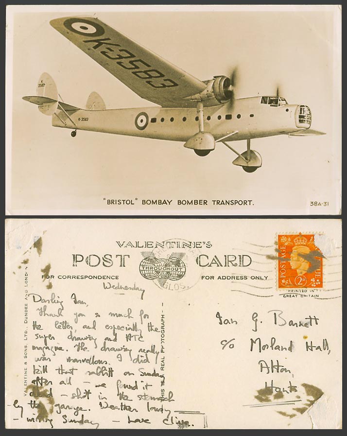Bristol Bombay Bomber Transport K-3583 Warplane Airplane Old Real Photo Postcard