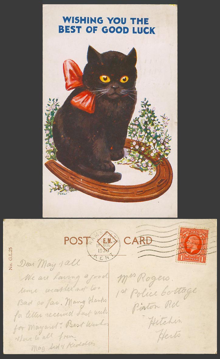 Black Cat Kitten 1936 Old Postcard Wishing You The Best of Good Luck - Horseshoe