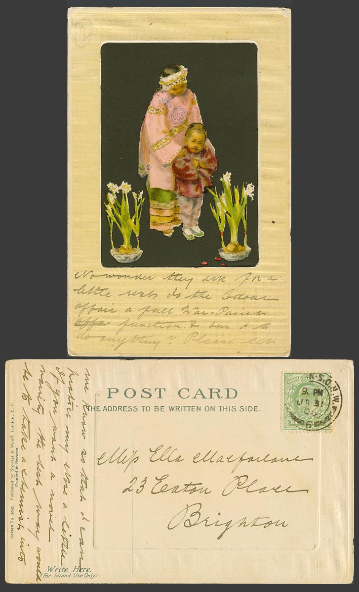 China Bertha Stuart 1905 Old Postcard Chinese Children Narcissus Tazetta Flowers