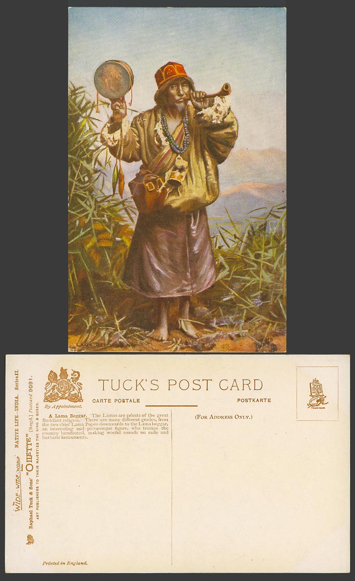TIBET China Old Tuck's Oilette Postcard TIBETAN LAMA BEGGAR Priest Drum Barefoot