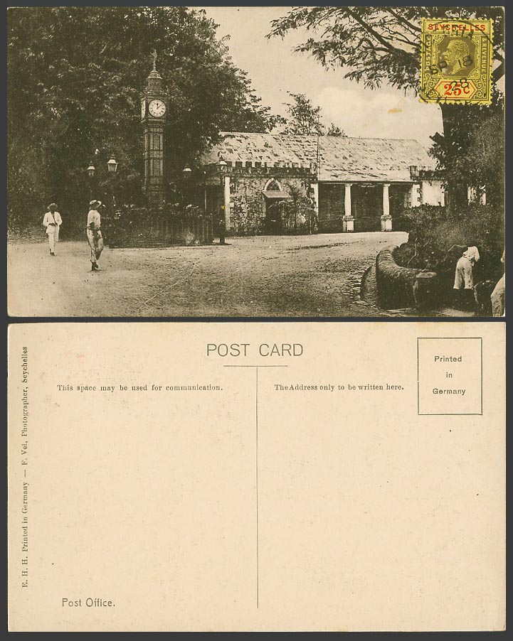 Seychelles KG5 25c 1928 Old Postcard Central Post Office, Clock Tower Street Men