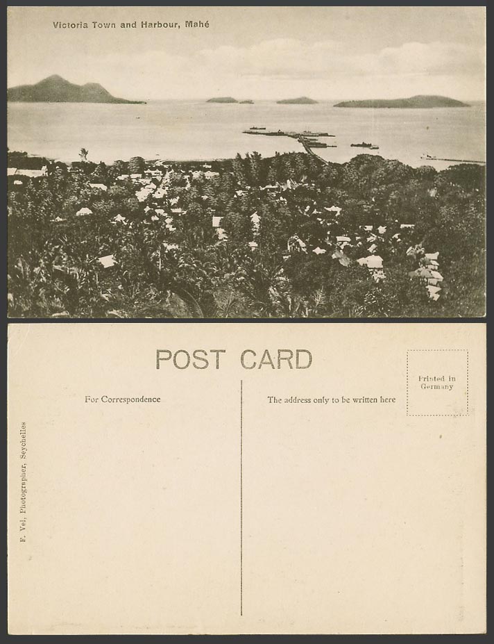 Seychelles Old Postcard Mahe Victoria Town and Harbour Pier Boats Hills Panorama
