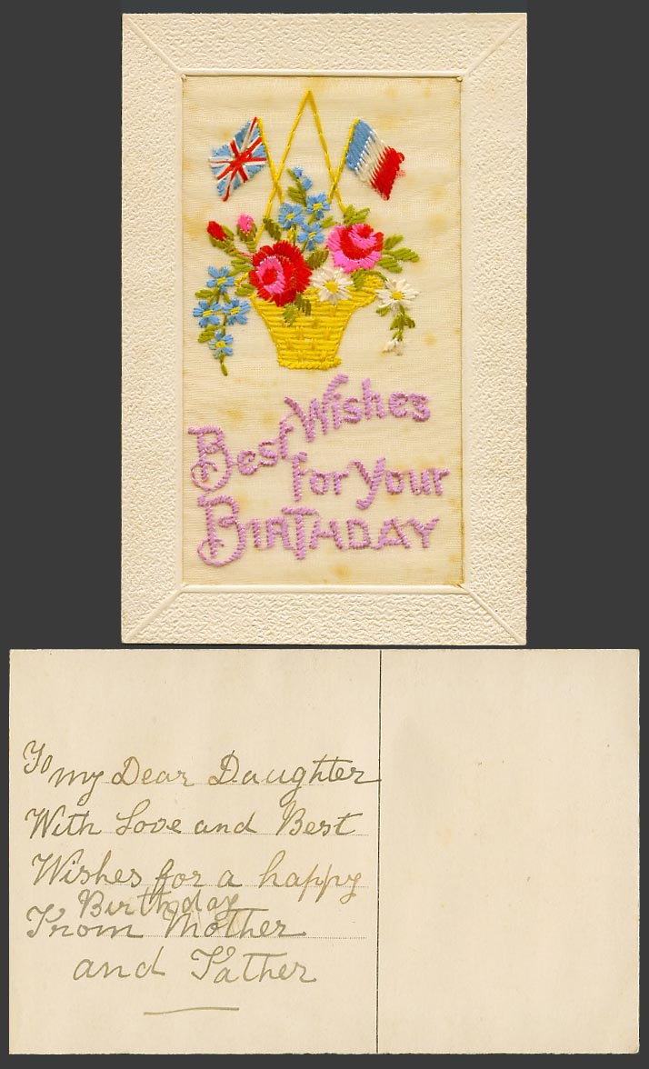 WW1 SILK Embroidered Old Postcard Best Wishes For Your Birthday, Flowers & Flags