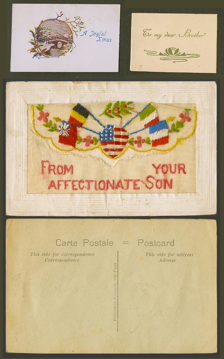 WW1 SILK Embroidered Old Postcard From Your Affectionate Son, Joyful Xmas Wallet