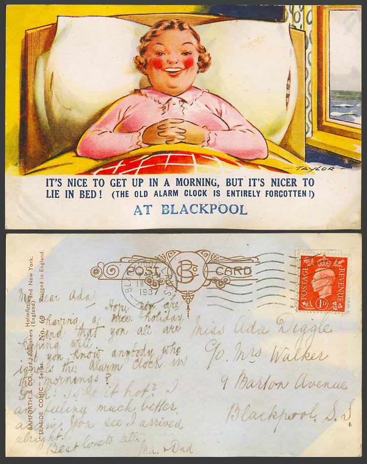 Taylor 1937 Old Postcard Nice to Lie in Bed at Blackpool - Alarm Clock Forgotten