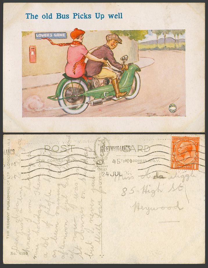 Reg Maurice 1928 Vintage Postcard Motorcycle Motorbike The Old Bus Picks Up Well