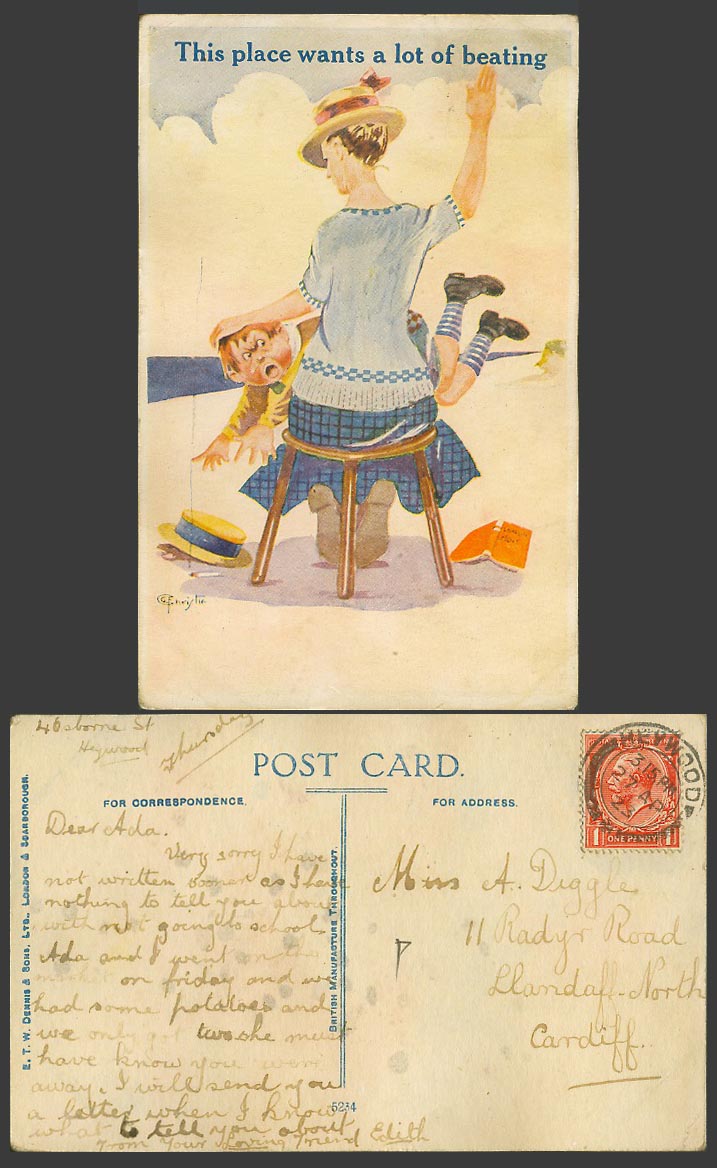 G.F. Christie 1923 Old Postcard Spanking Boy - This place wants a lot of beating