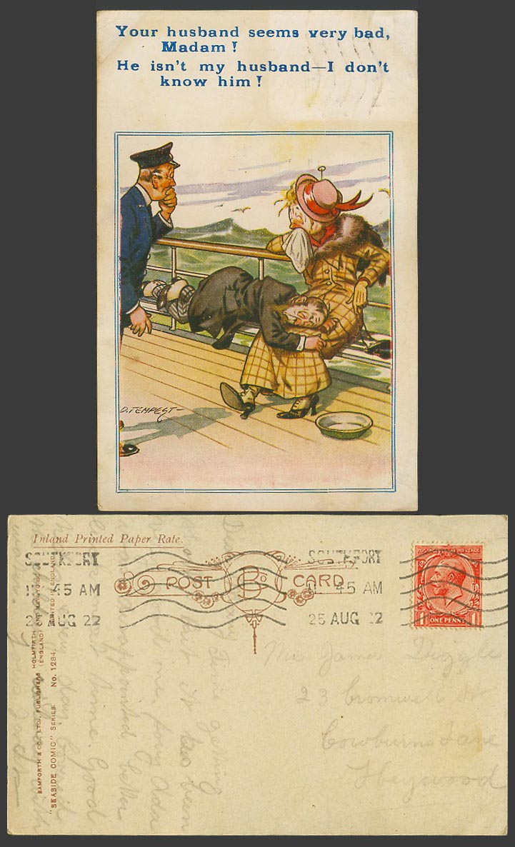 D. Tempest 1922 Old Postcard Seaside Comic He isn't my husband, I don't know him