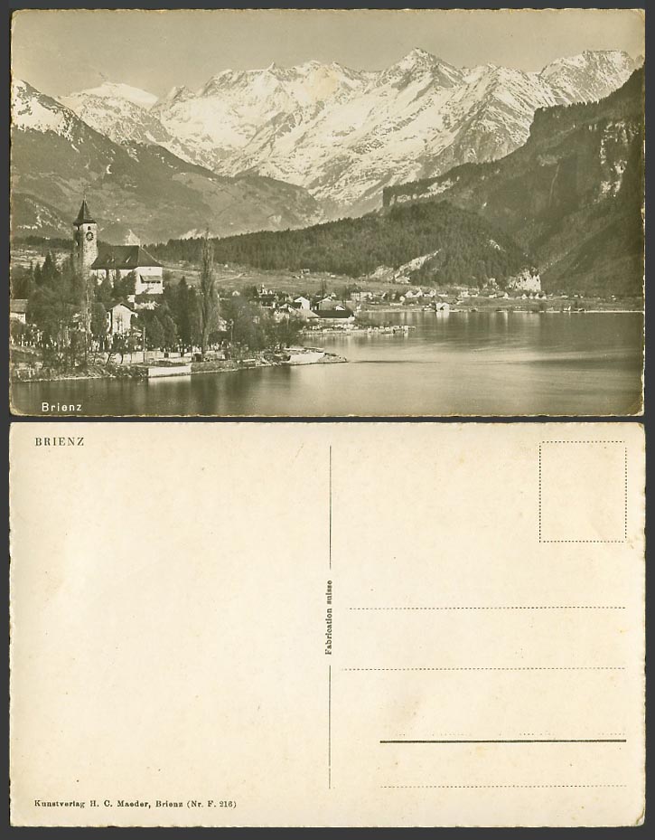 Switzerland Swiss Old Postcard Brienz Snowy Mountains Lake Church Tower Panorama