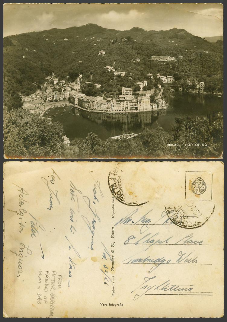 Italy 1946 Old Real Photo Larger Postcard PORTOFINO, Boats Harbour, General View