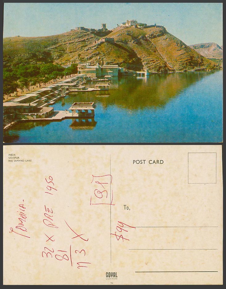India Colour Postcard Udaipur Oodypur, Raj Samand Lake, Hills Mountains Panorama
