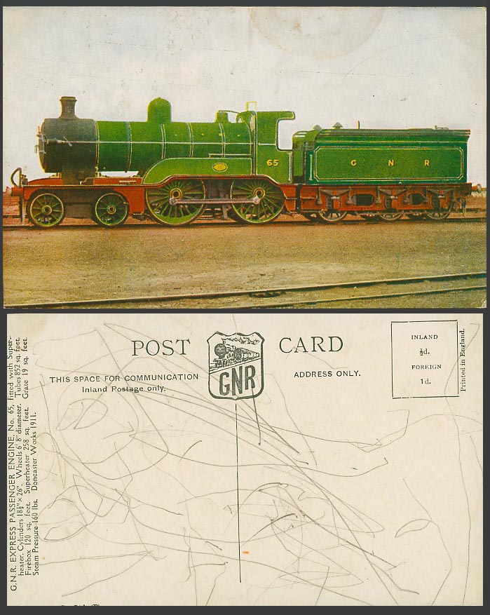 G.N.R. Express Passenger Engine N.65. Locomotive Train Railway Rail Old Postcard