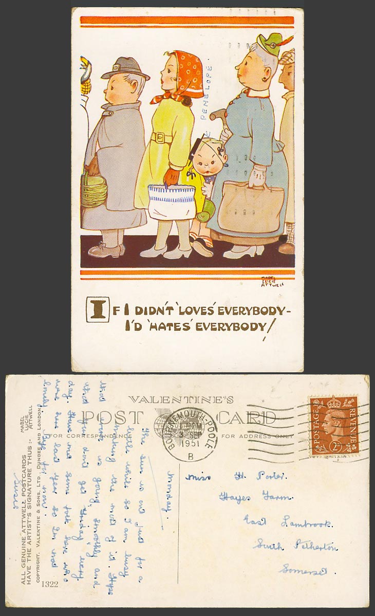 MABEL LUCIE ATTWELL 1951 Old Postcard If I Didn't Love Everybody - I'd Hate 1322
