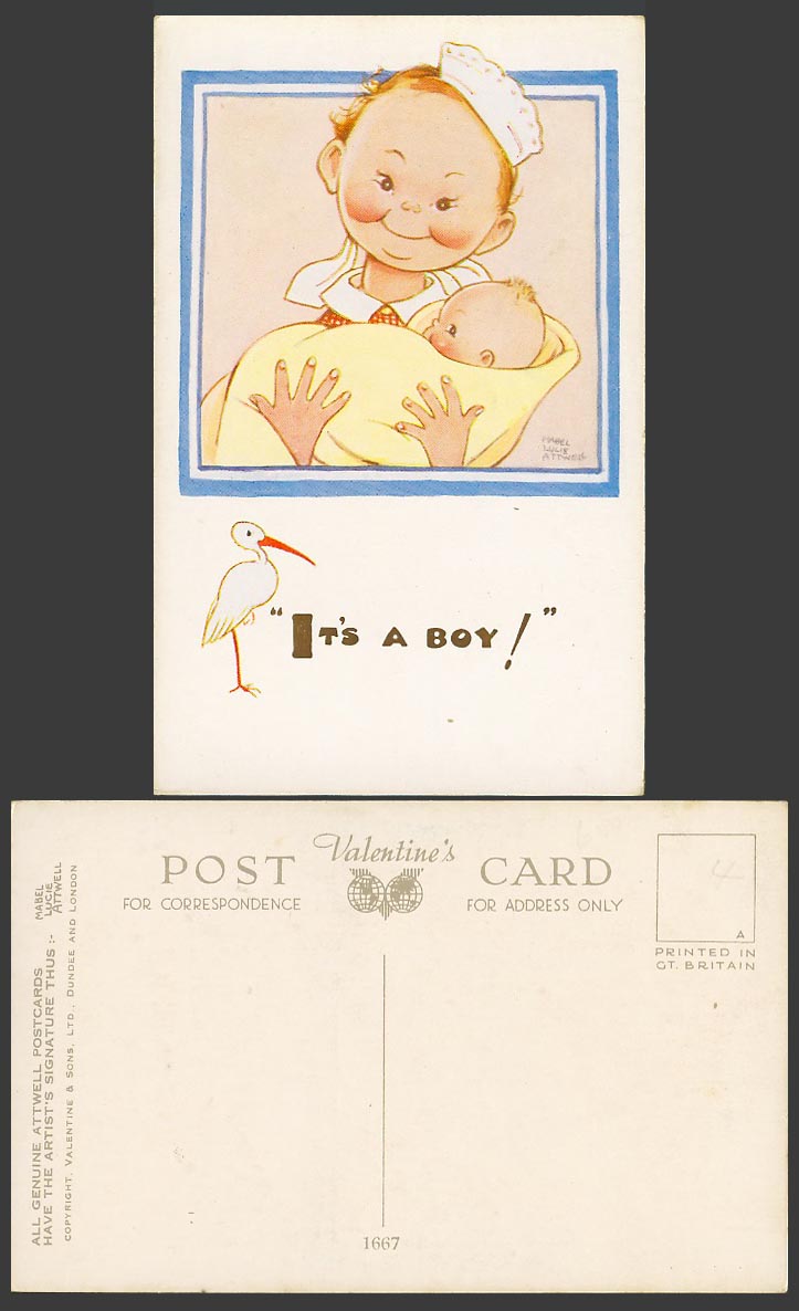 MABEL LUCIE ATTWELL Old Postcard It's a Boy Stork Bird Midwife holds a Baby 1667