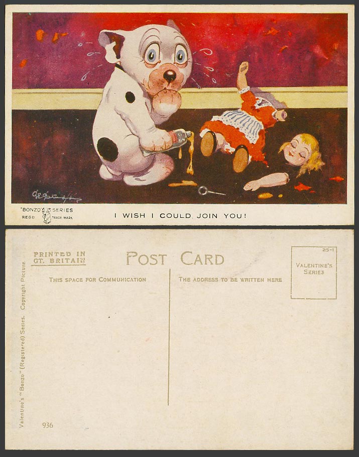 BONZO DOG GE Studdy Old Postcard Puppy, Broken Doll I Wish I Could Join You! 936